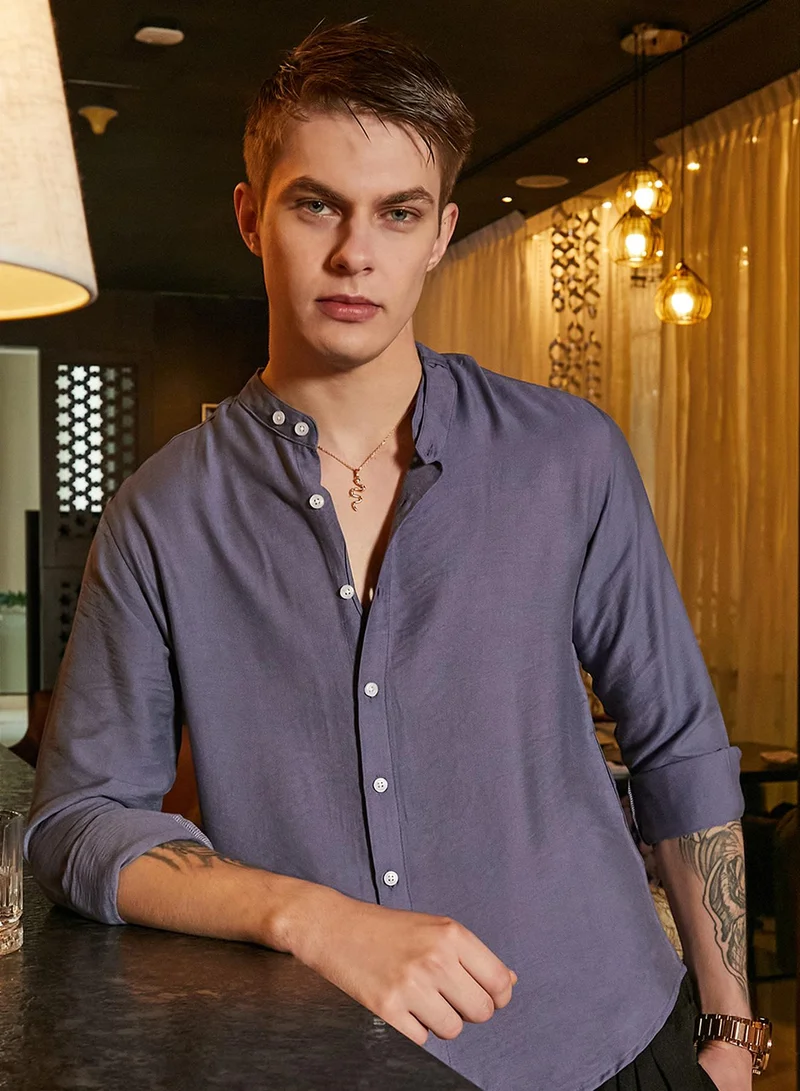 Men's Steel Blue Breezy Mandarin Shirt For Casual Wear | Mandarin Collar | Long Cuffed Sleeves | Button Closure | Shirt Crafted With Comfort Fit For Everyday Wear